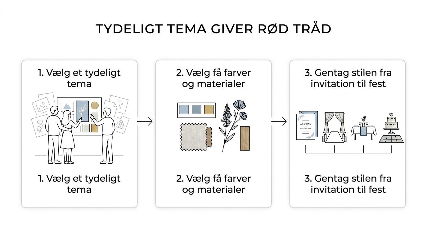 En trinvis oversigt over, hvordan et bryllup får en rød tråd fra tema og farver til invitationer, blomster, borddækning og budget.