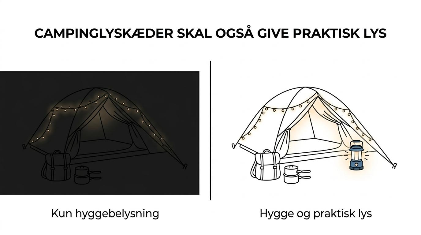 Sammenligning af en almindelig indendørs lyskæde og en campinglygte med indbygget lyskæde ved et telt.