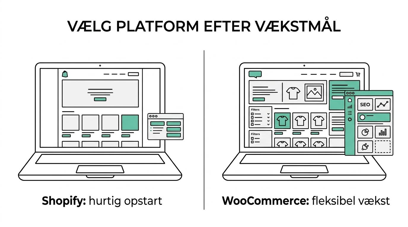Sammenligning af WooCommerce, Shopify og Magento på fleksibilitet, SEO-kontrol, drift og kompleksitet.