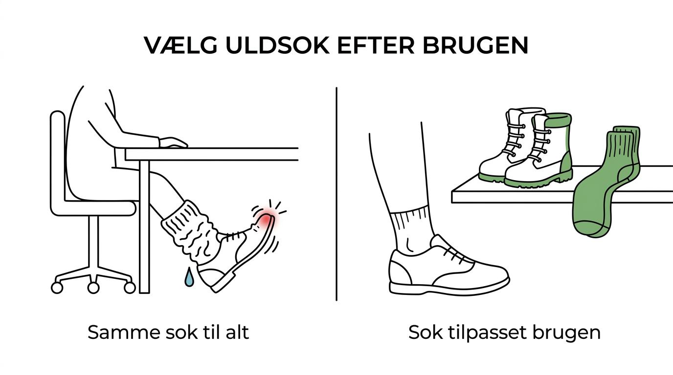 Sammenligning af uldsokker til hverdag, hjemmebrug, udendørs brug og lange arbejdsdage med fokus på varme, tykkelse og pasform.