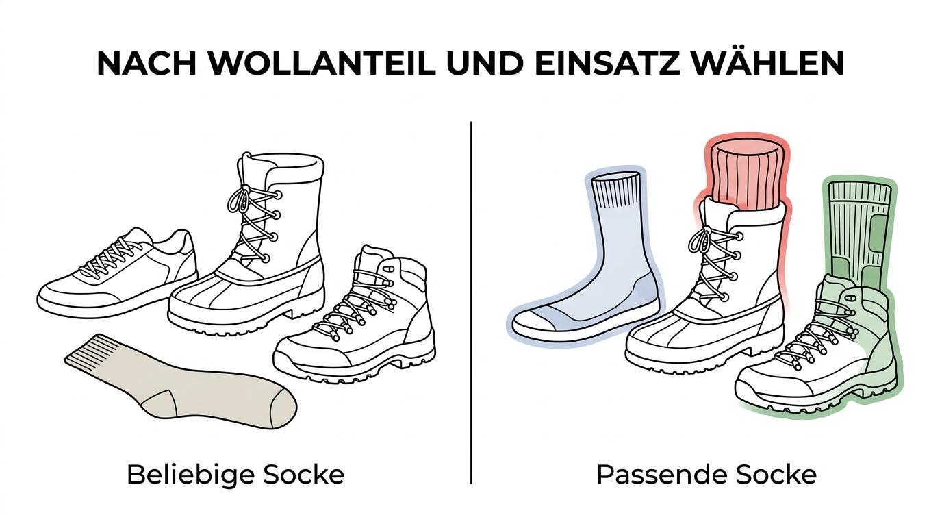 Seitenvergleich von vier dicken Wollsocken-Typen mit Wollanteil und typischen Einsatzbereichen.