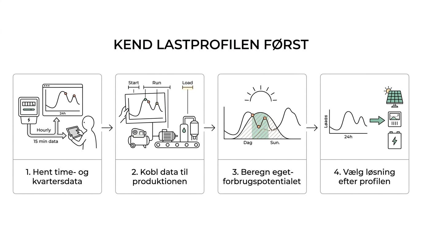 Tre trin viser måledata, kobling til produktionen og beregning af egetforbrugspotentiale.