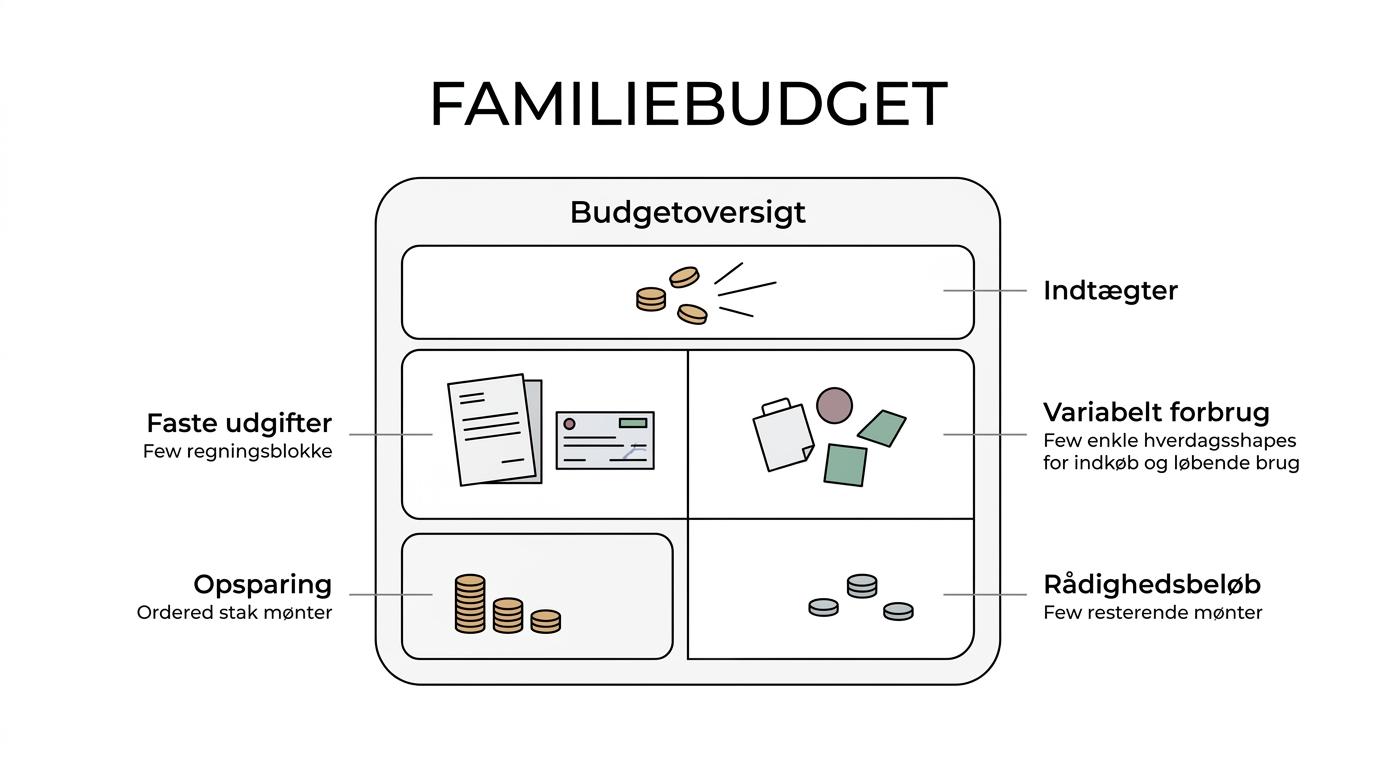 Diagram af et familiebudget opdelt i fem forbundne dele: indtægter, faste udgifter, variabelt forbrug, opsparing og penge tilbage.