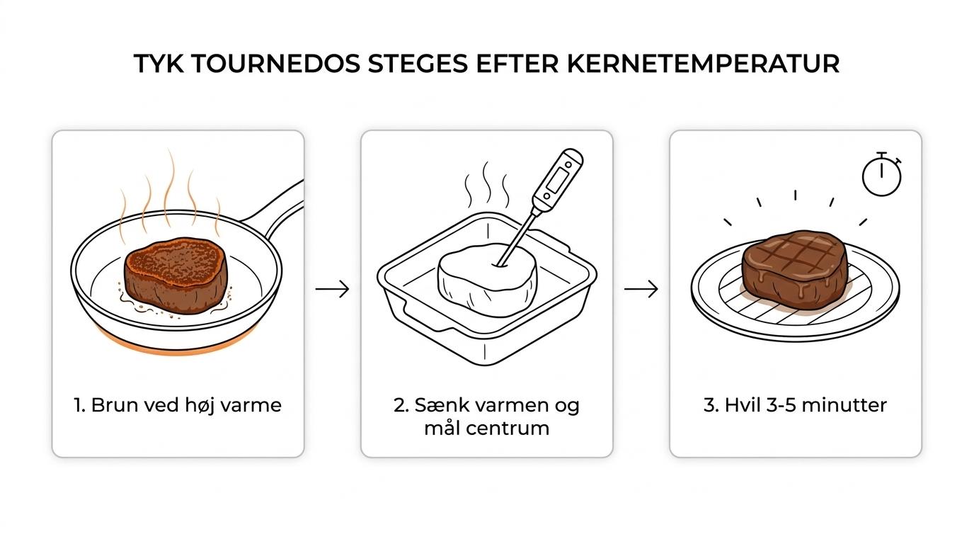 Trinvis illustration af en tyk tournedos, der tørres, brunes ved høj varme, færdiggøres roligere, måles i centrum og hviler før servering.