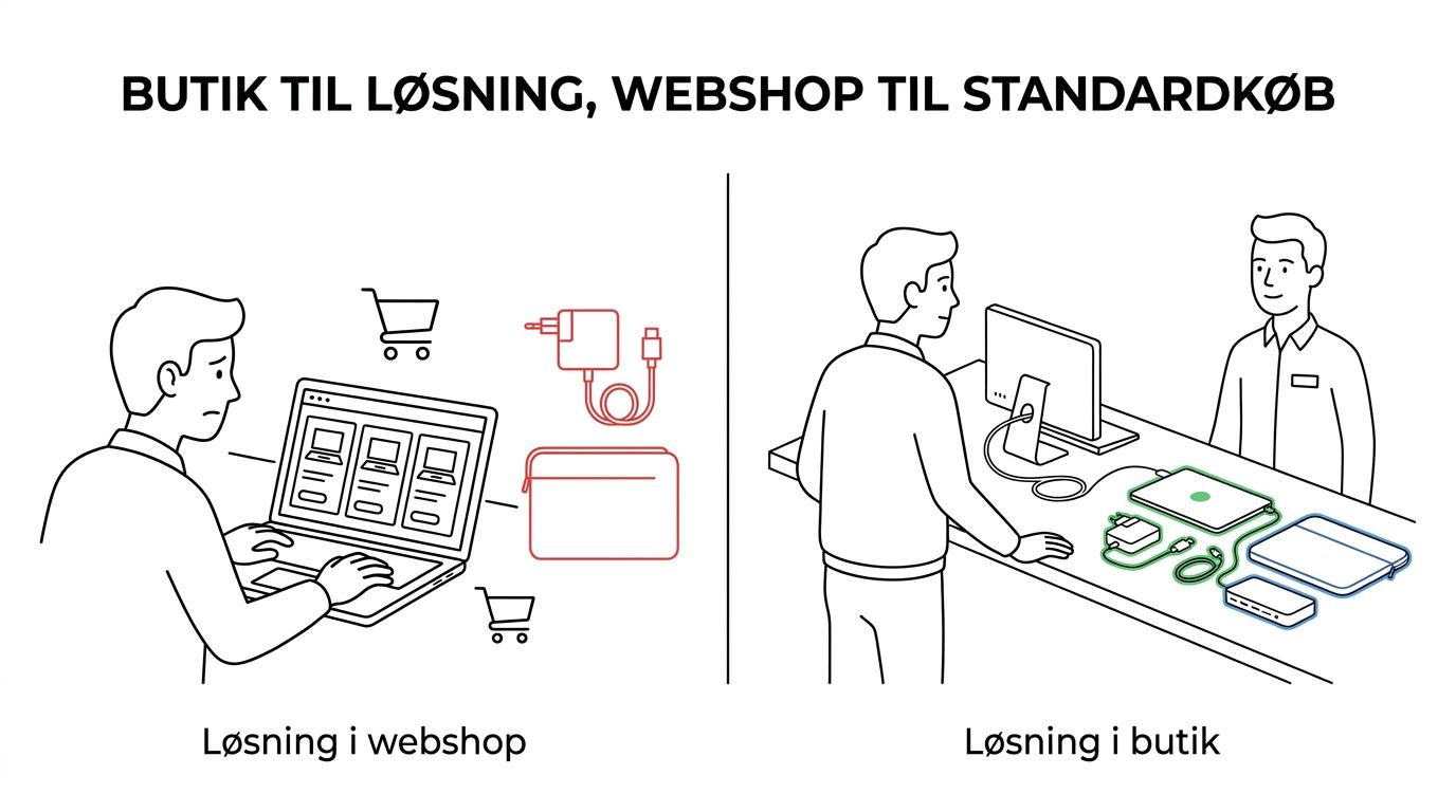 Side-by-side sammenligning af fysisk computerbutik og webshop med forskelle i rådgivning, hjælp, retur og bekvemmelighed.
