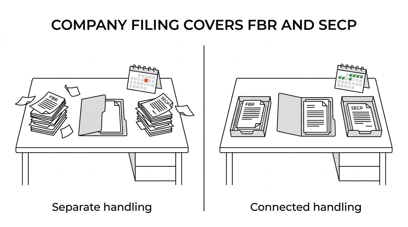 Side-by-side comparison of FBR income-tax filing through IRIS and SECP statutory company return requirements, with filing types, timing, and examples.