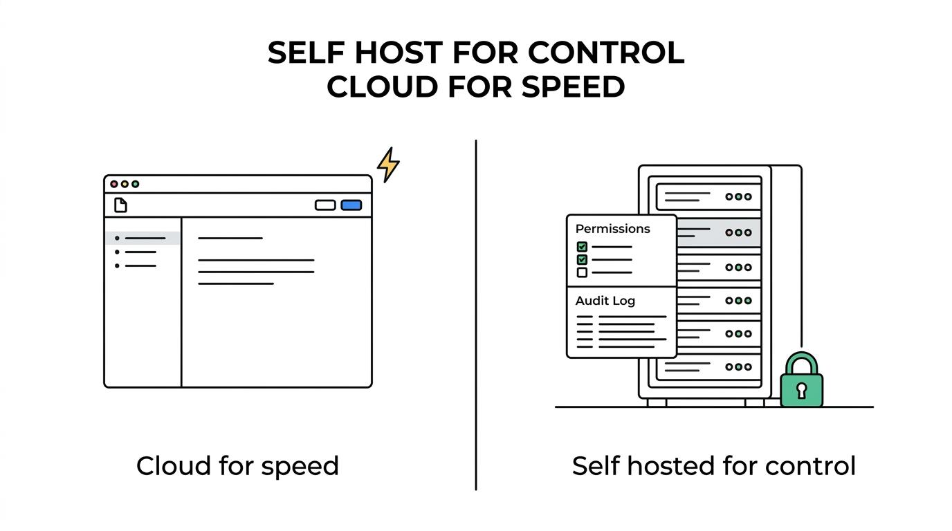 Side-by-side comparison of a self-hosted documentation platform and a cloud documentation tool, highlighting control, security, maintenance, and ease of adoption.