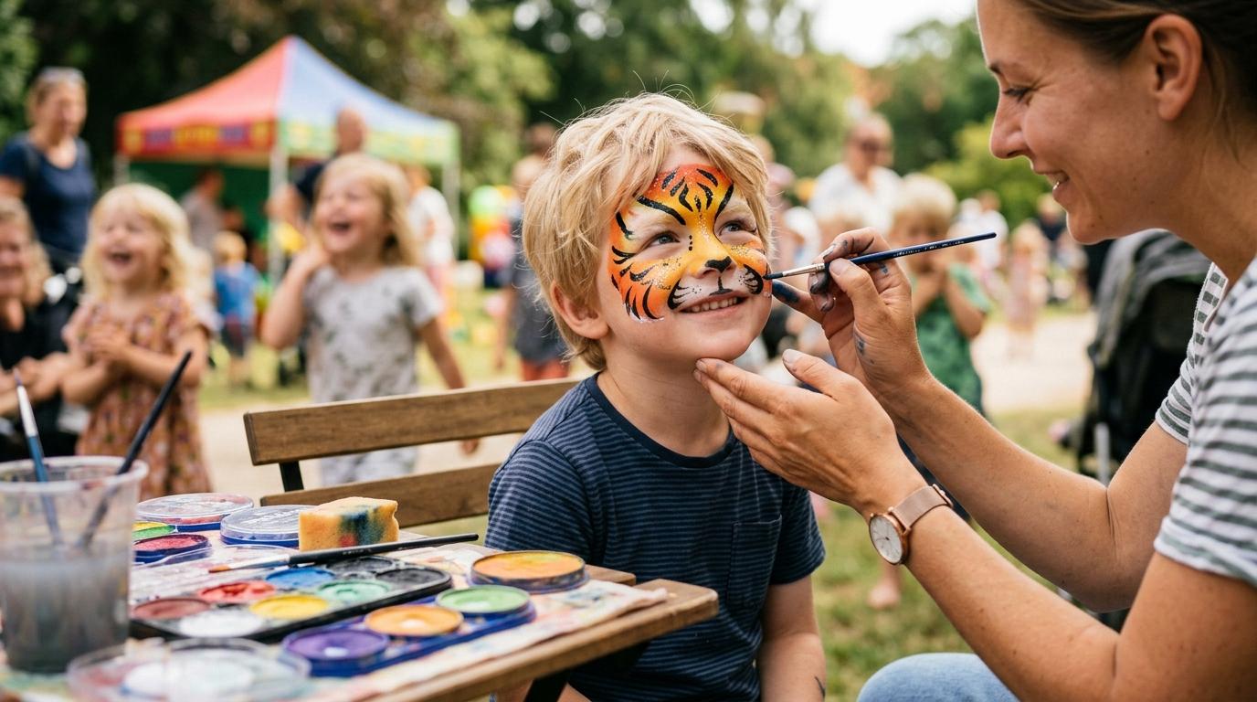 A professional face painter painting a smiling child at a small table while other children wait happily at an event.