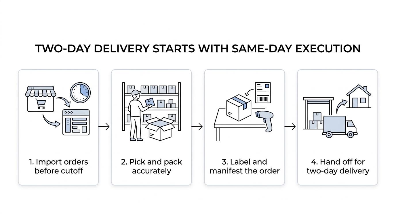 Flow diagram showing order import, cutoff, picking, packing, label generation, carrier handoff, and final two-day delivery.