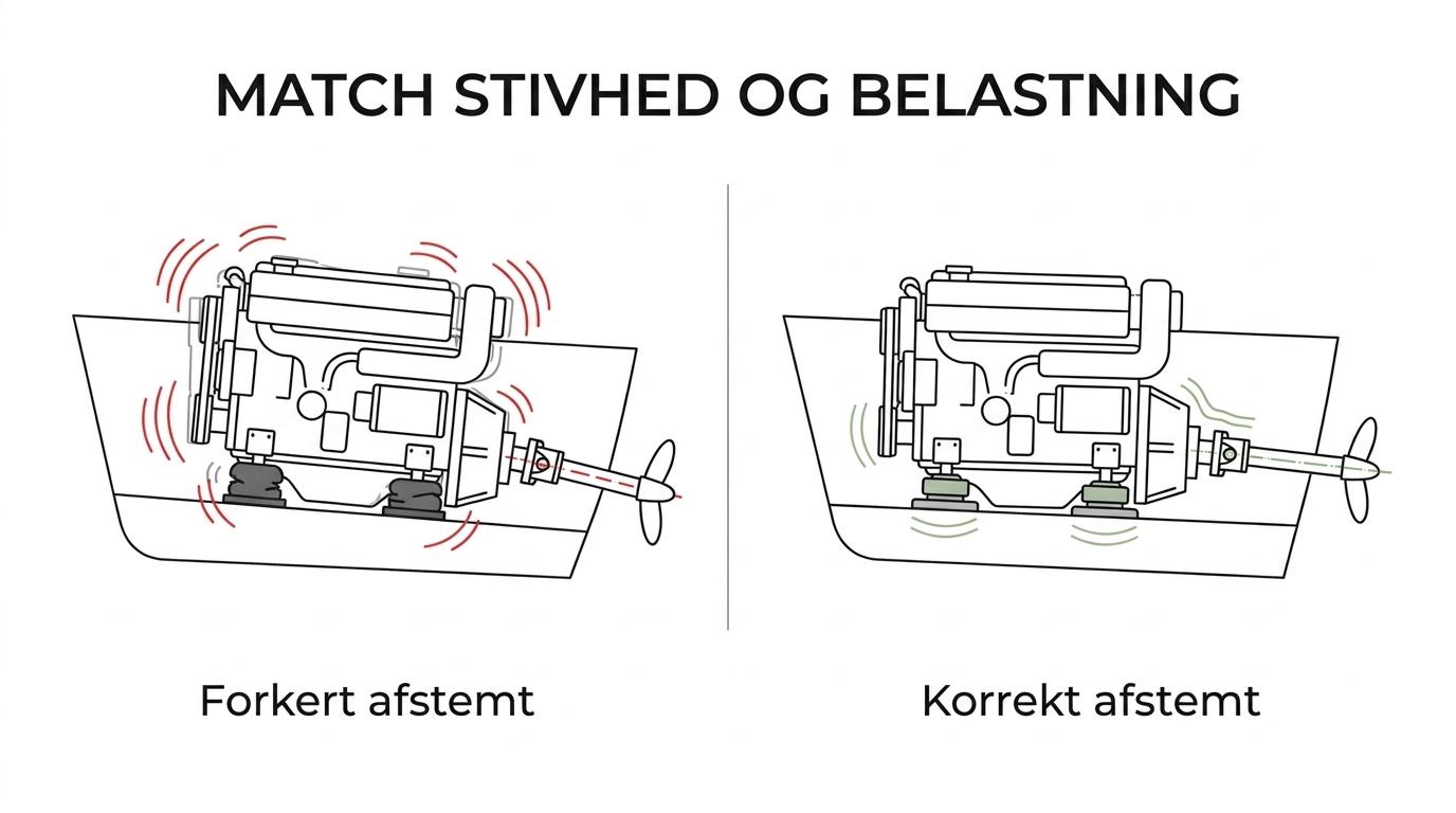 Sammenligning af en bådmotor på for hårde versus for bløde motorophæng, hvor den ene side viser vibrationer i skroget og den anden side viser for stor motorbevægelse og skæv aksellinje.