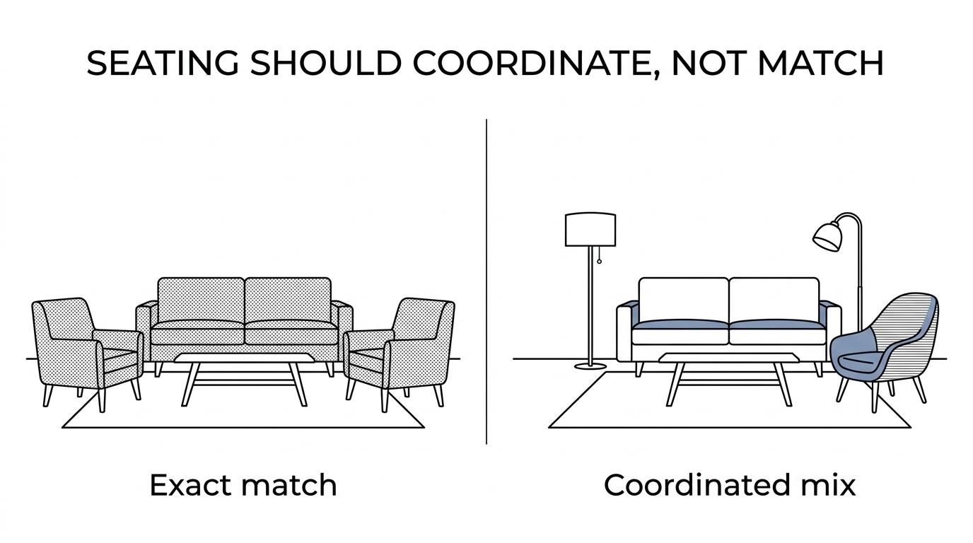 Side-by-side living rooms showing a sofa with an exactly matching chair versus a sofa with a coordinated accent chair that adds contrast and personality.