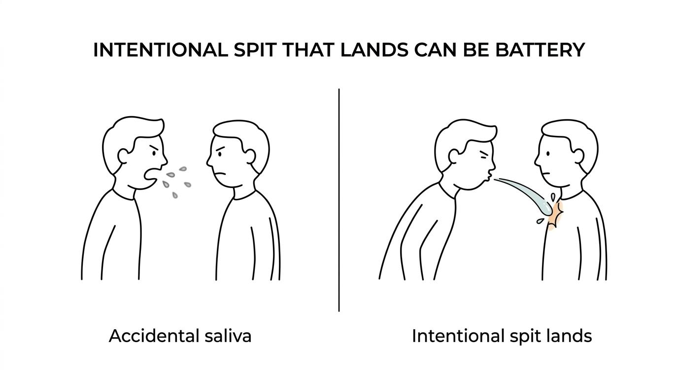 Side-by-side comparison of three scenarios under Michigan law: spit lands on a person, spit misses, and saliva comes out accidentally while yelling, with battery, possible assault, and weaker case outcomes.