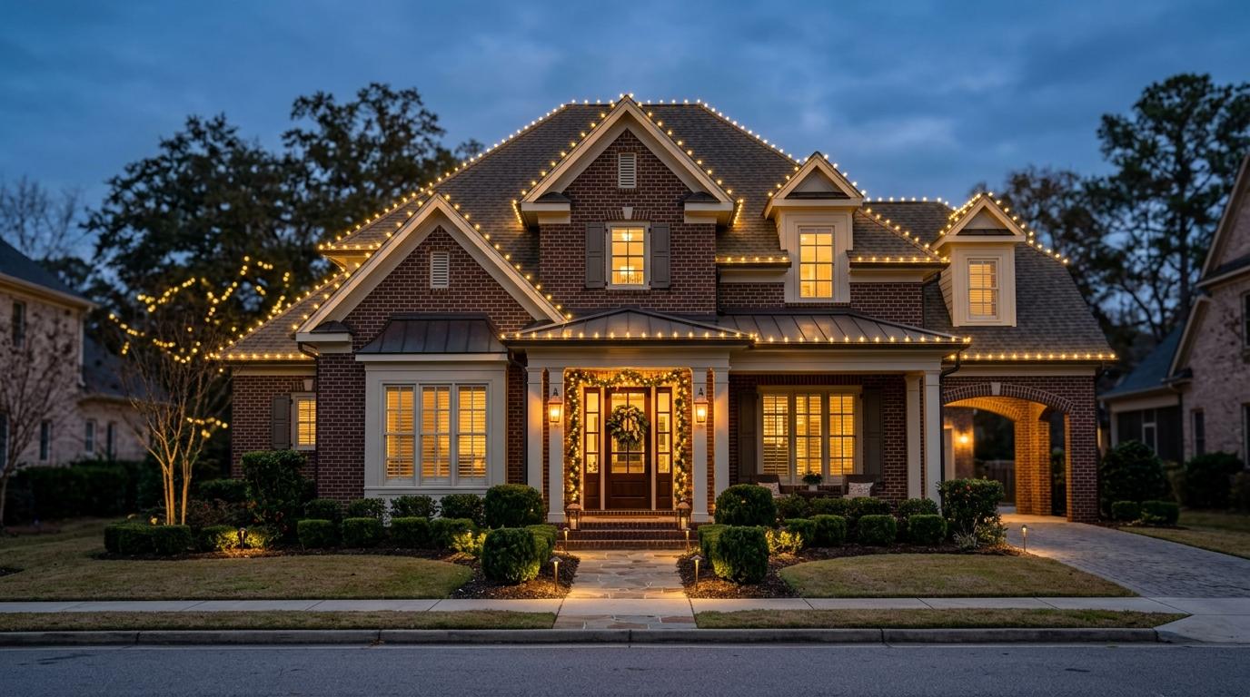 Elevation Power Washing Christmas Lights Columbia SC 1 Professionally installed Christmas lights outlining an upscale home’s roofline, windows, and landscaping at night.
