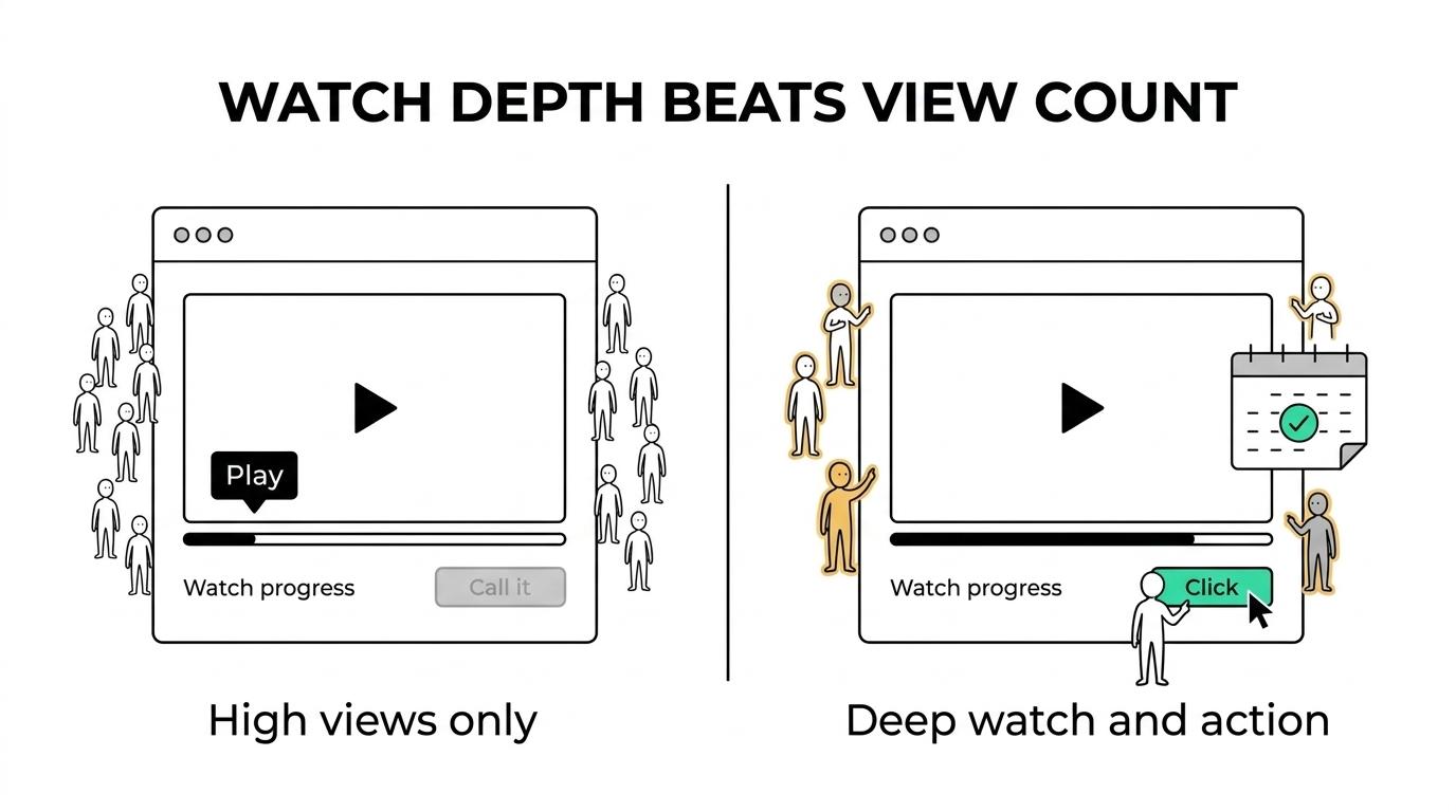 Side-by-side comparison of a large video view count with shallow attention versus a single repeat viewer with deep watch depth.