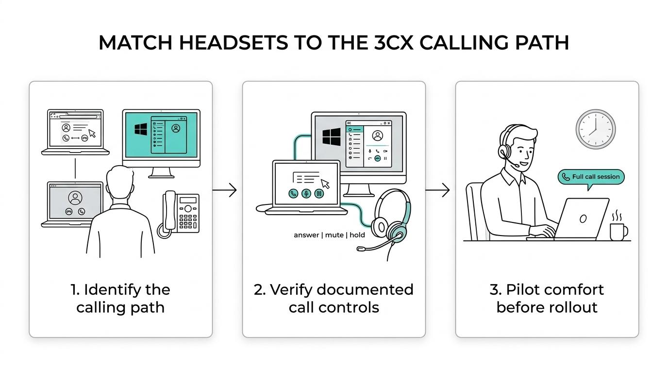 Flowchart showing a 3CX headset selection path from calling environment to documented integration, call-control testing, and comfort validation.