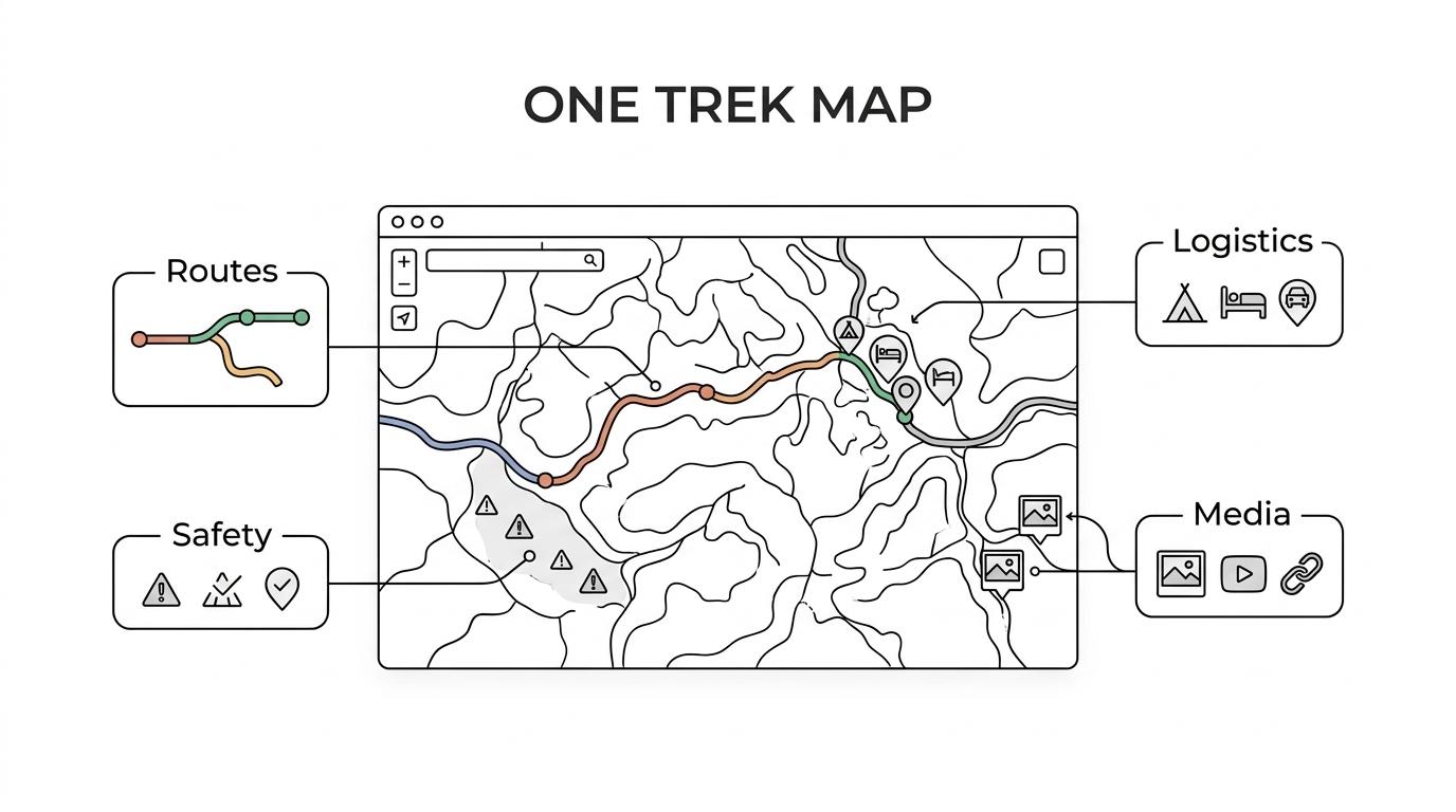 Labeled interactive trekking map showing route stages, camps, safety notes, logistics points, and media hotspots.