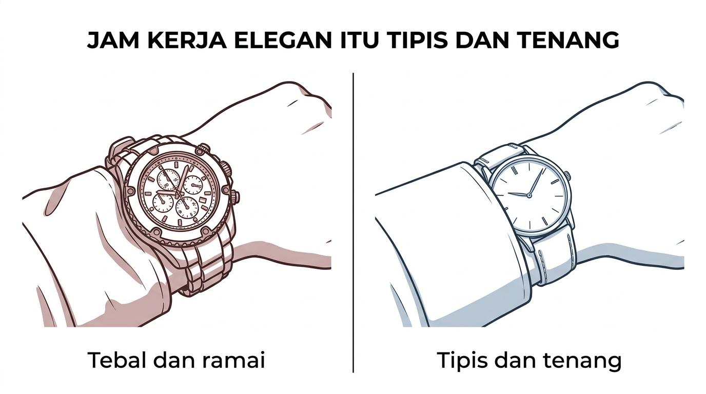 Perbandingan dua jam tangan pria: dress watch tipis dengan dial sederhana masuk rapi di bawah cuff kemeja, sedangkan jam tebal bergaya sporty terlihat menonjol dari cuff.