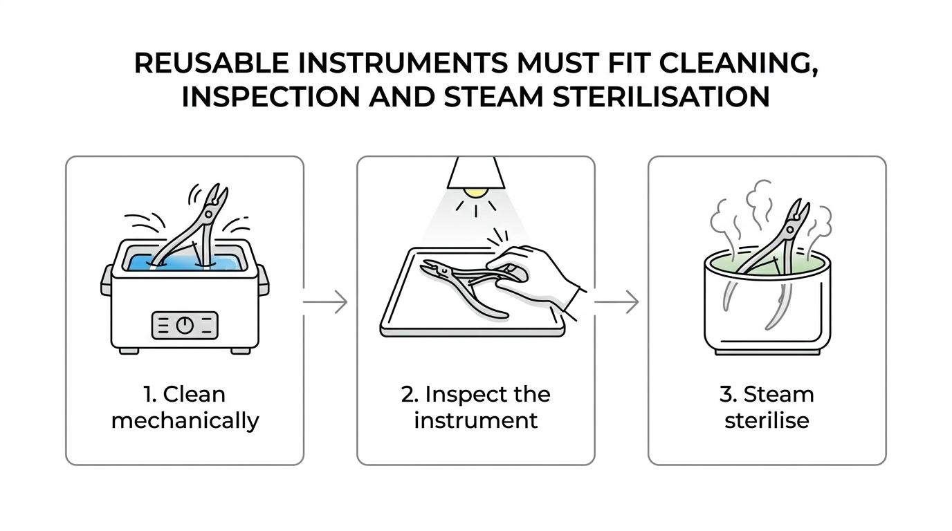 A step-by-step workflow showing reusable podiatry instruments moving from clinical use to cleaning, inspection, and steam sterilisation before returning to service.