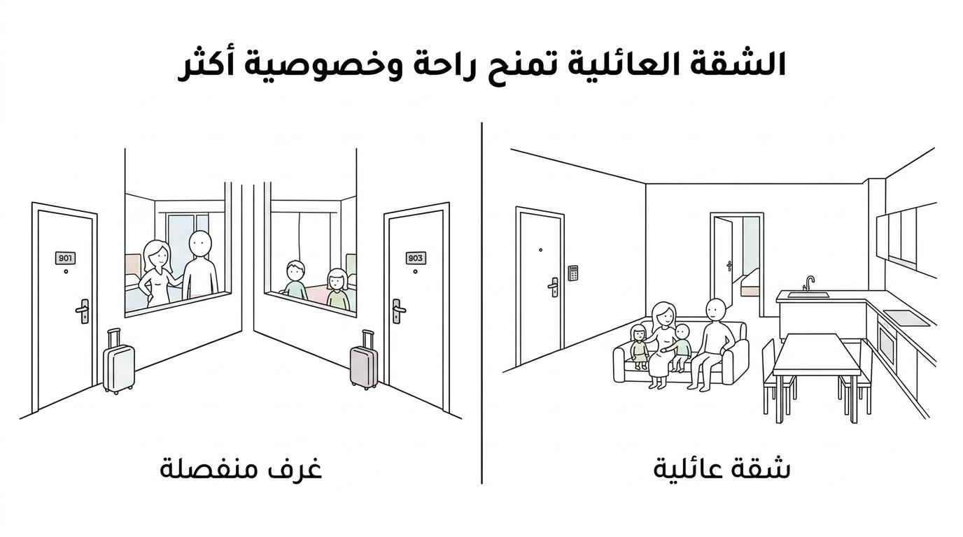 مقارنة جانبية بين عائلة تقيم براحة في شقة مخدومة واسعة وعائلة داخل غرفة فندقية مفردة أكثر ضيقًا.