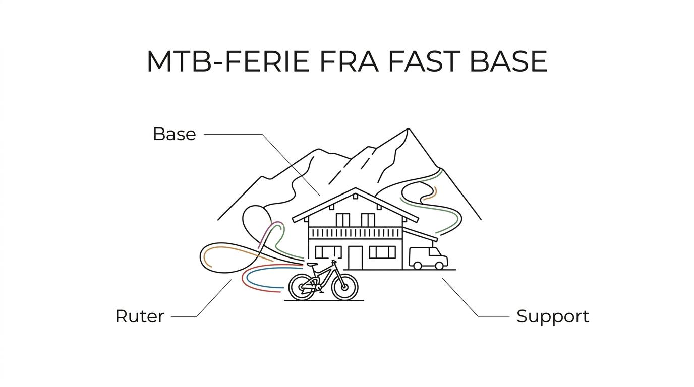 Oversigt over en mountainbike-ferie med lokal base i Les Contamines, tilpassede ruter, liftplanlægning, bagagetransport og 24/7-support.