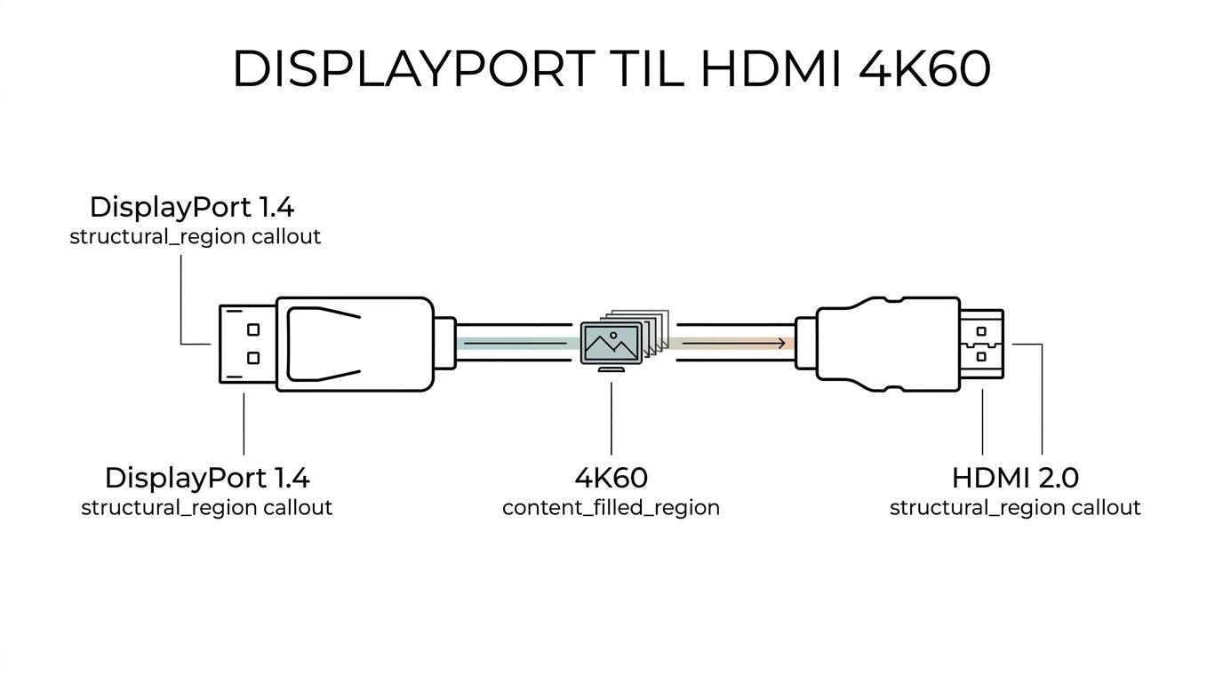 En Sinox DisplayPort til HDMI-adapter vist med mærkede dele og callouts for DisplayPort 1.4, HDMI 2.0, 18 Gbps, 4K60Hz og 0,1 m længde.