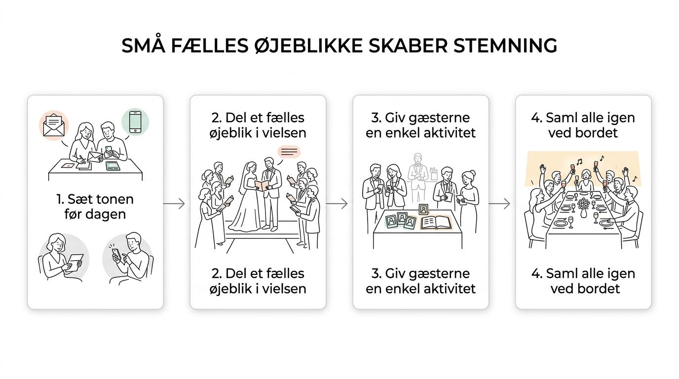 Procesgrafik over bryllupsdagen fra invitationer og vielse til reception, middag og fest med små personlige, gæsteinvolverende øjeblikke undervejs.