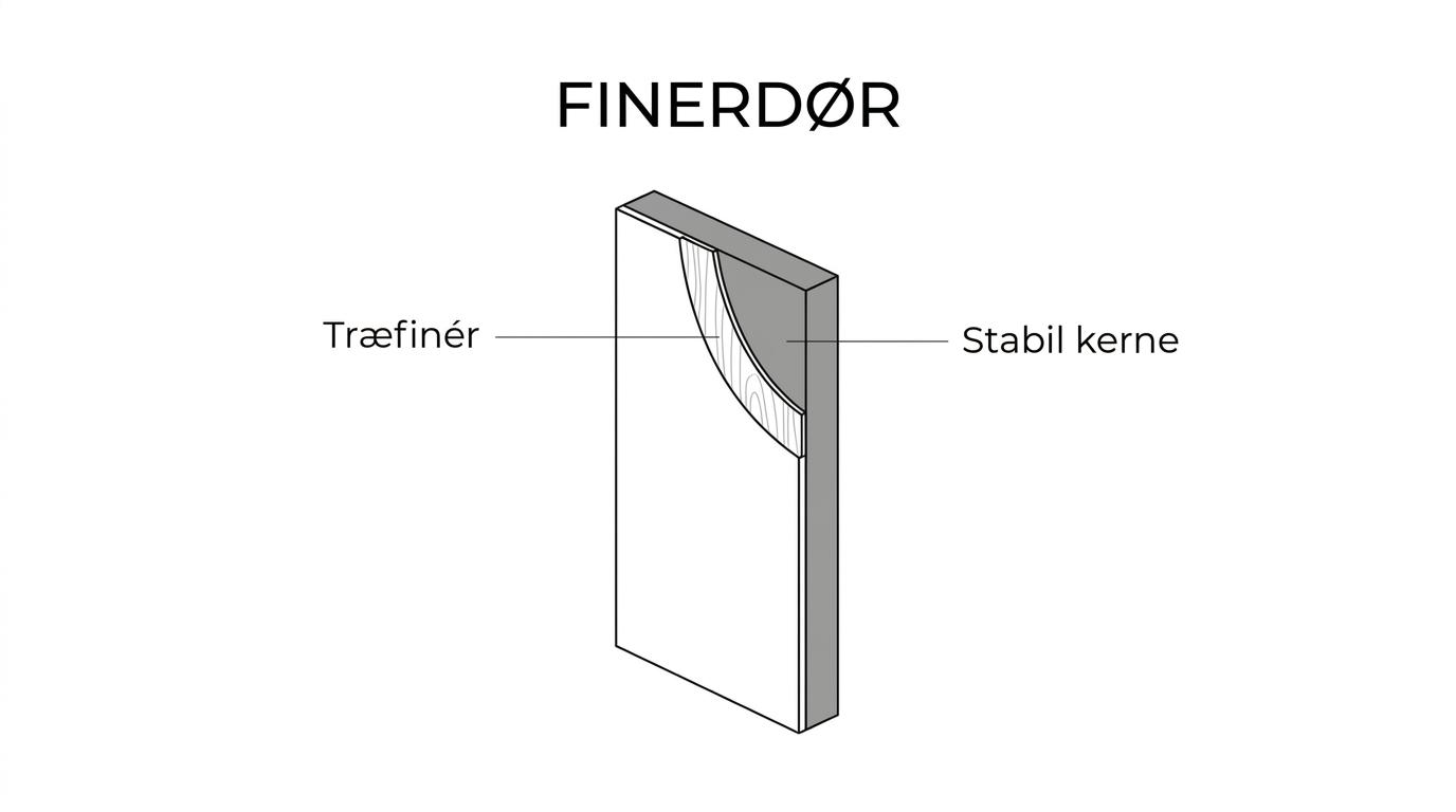 Tværsnit af en finerdør med ægte træfinér på begge sider af en stabil kerne.