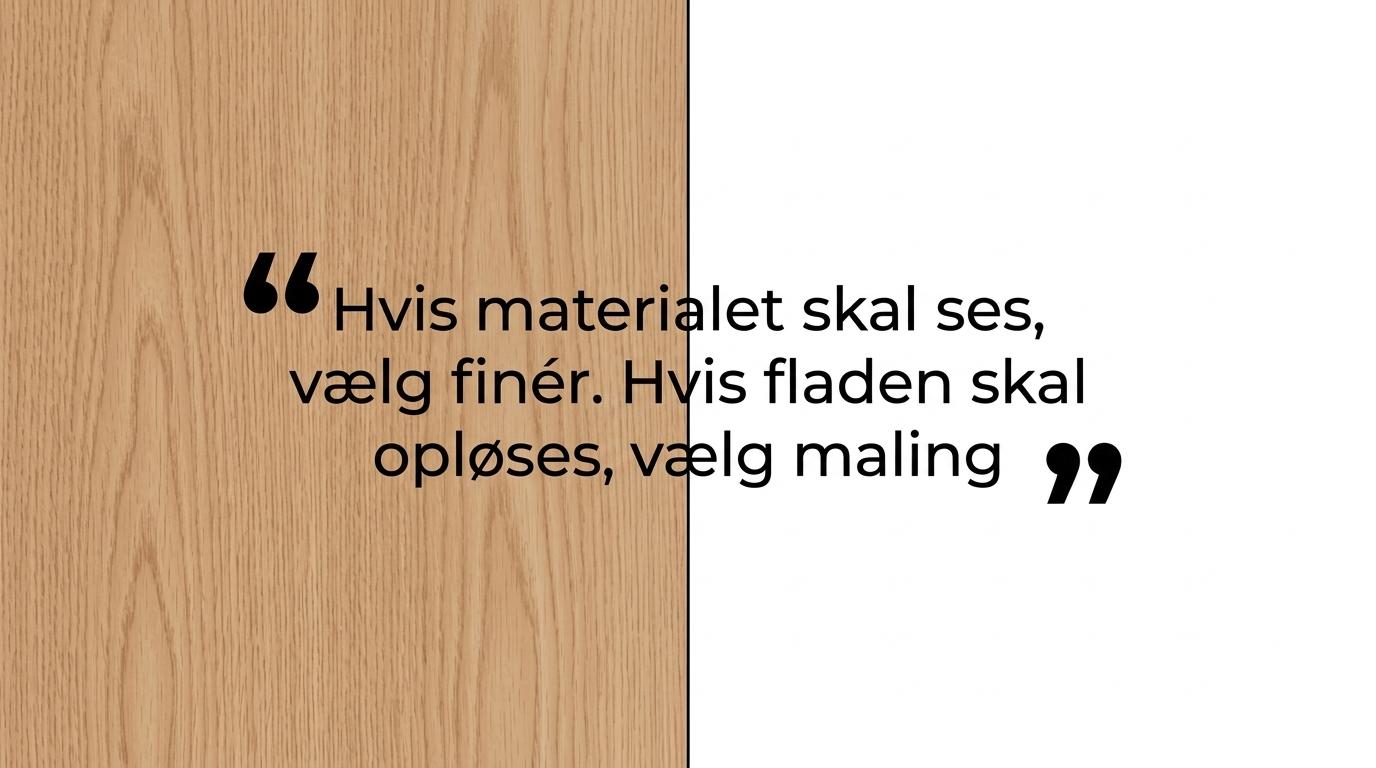 Citat med beslutningsreglen om at vælge finér, når materialet skal ses, og maling, når døren skal opløses i væggen.