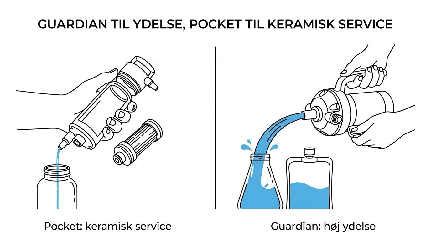 Side-by-side sammenligning af MSR Guardian og Katadyn Pocket med deres vigtigste dokumenterede forskelle og bedste brugsscenarier.
