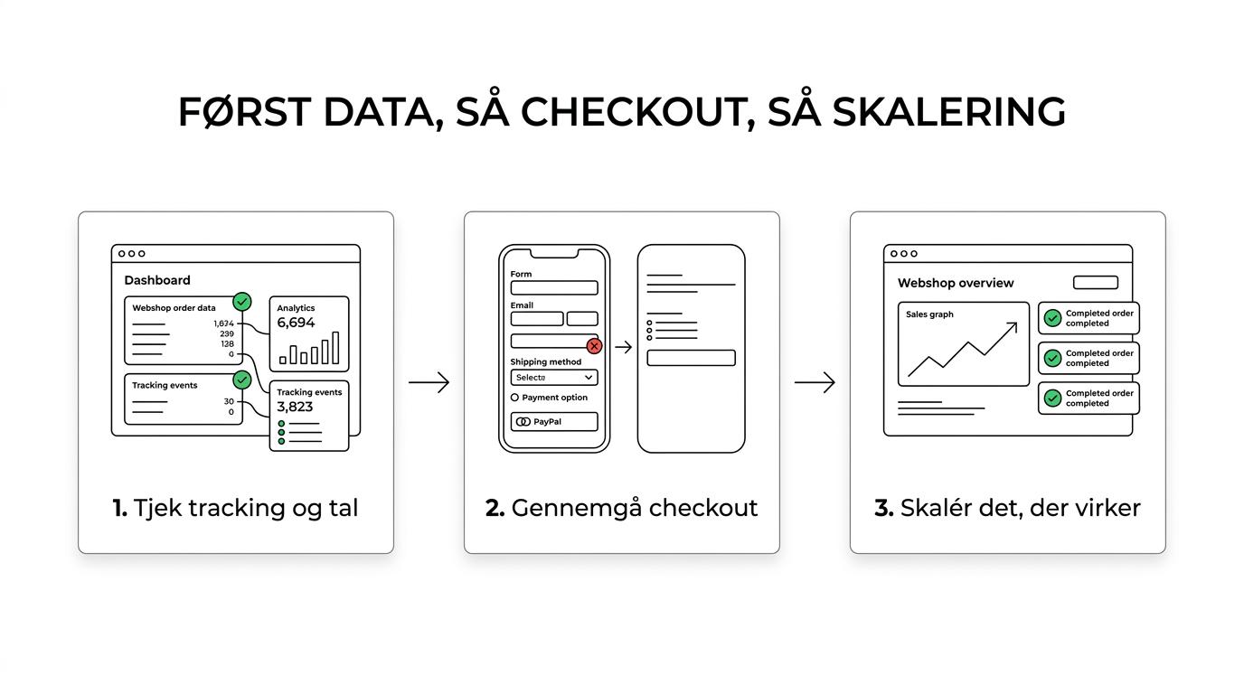 Procesgrafik, der viser rækkefølgen i vurdering af et e-handelsbureau: cases, tracking, checkout, mobiloplevelse, lovkrav og driftsmodel.