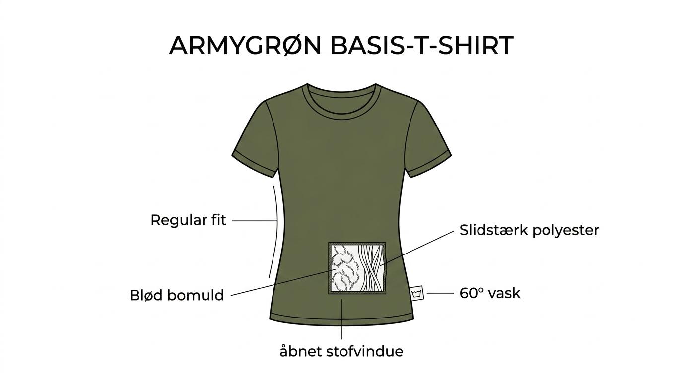 Armygrøn dame-T-shirt med markeringer for regular fit, materialeblanding, OEKO-TEX og vask ved 60 grader.