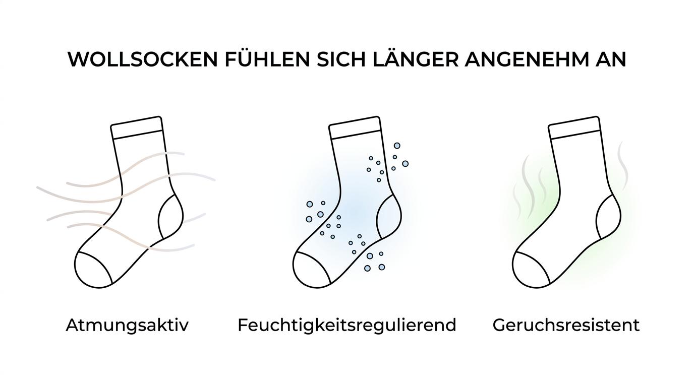 Graphic showing key benefits of wool socks: breathable, moisture-regulating, odor-resistant, and comfortable for long wear.