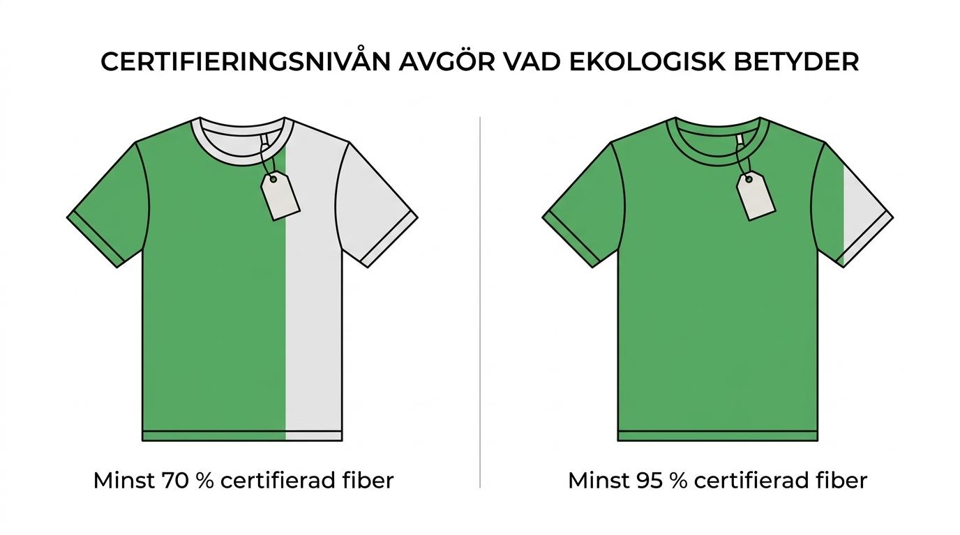 Jämförelse mellan GOTS Organic och Made with organic materials med 95 procent respektive 70 procent certifierade ekologiska fibrer och vilka märkdetaljer som ska finnas.