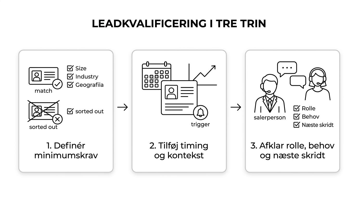 Flow over tre trin i B2B leadkvalificering: minimumskrav, trigger-baseret kontekst og kvalificering i samtalen, som ender i book nu, nurturing eller fravalg.