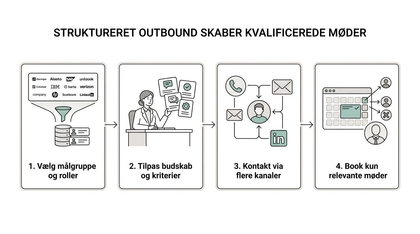 Et procesforløb fra målgruppe og budskaber til telefon, e-mail, LinkedIn, feedback, kvalificering og bookede møder.