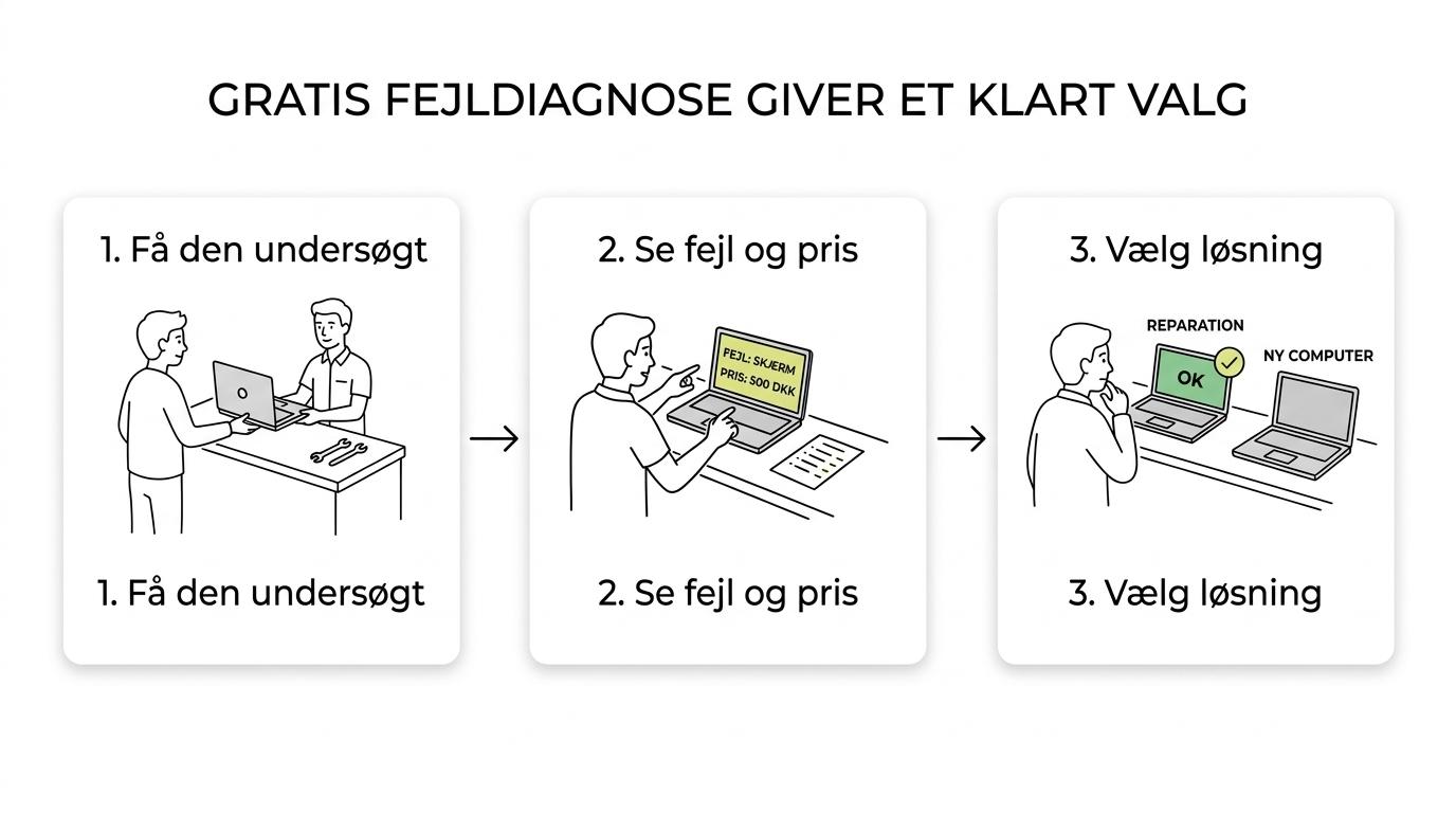 Flowdiagram fra defekt bærbar til gratis fejldiagnose, prisvurdering og valg mellem reparation eller refurbished erstatning.