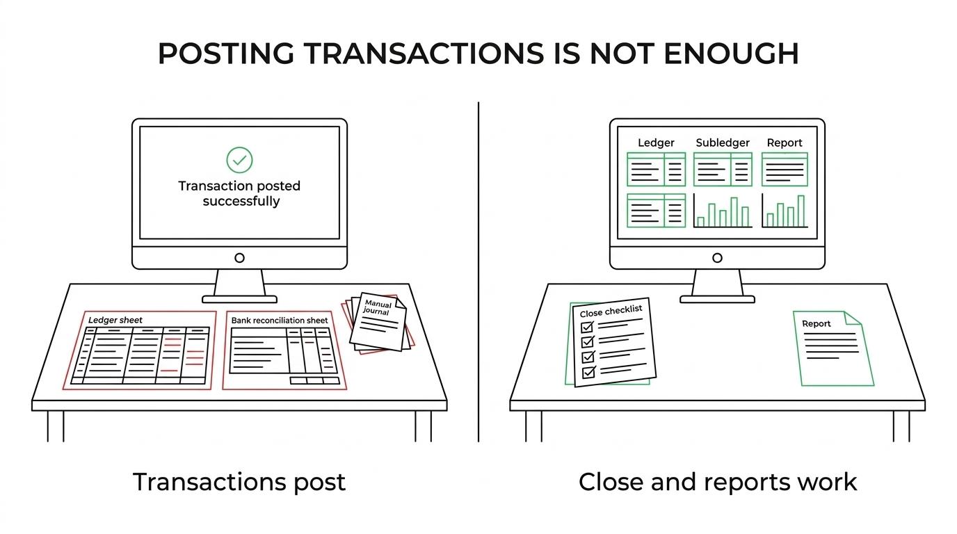 Side-by-side comparison of an ERP that passes setup and transaction tests versus one that also supports reconciliations, approvals, and a controlled month-end close.