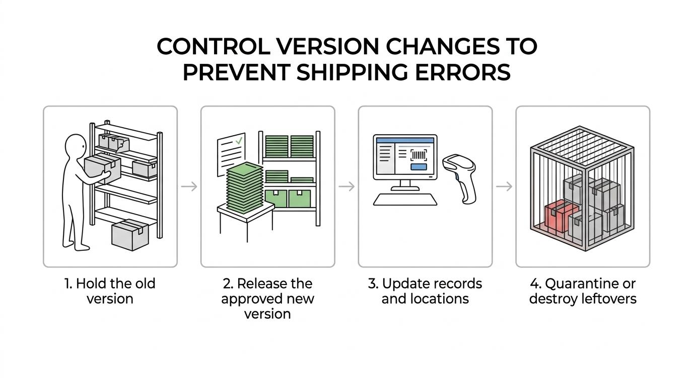 Flow diagram showing an old literature version put on hold, a new approved version released, system records updated, and obsolete stock quarantined or destroyed.