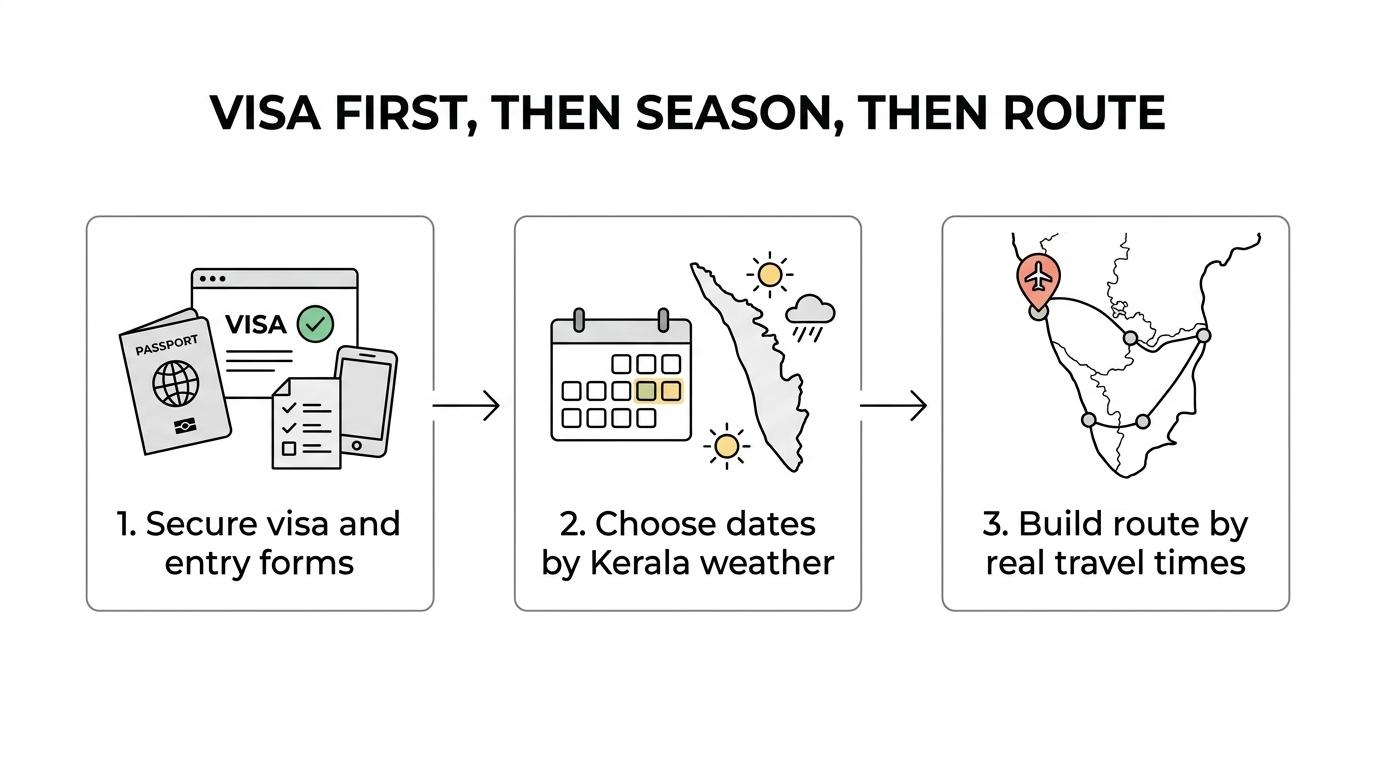 Three-step planning flow for a South India trip: visa, Kerala weather window, and route design.