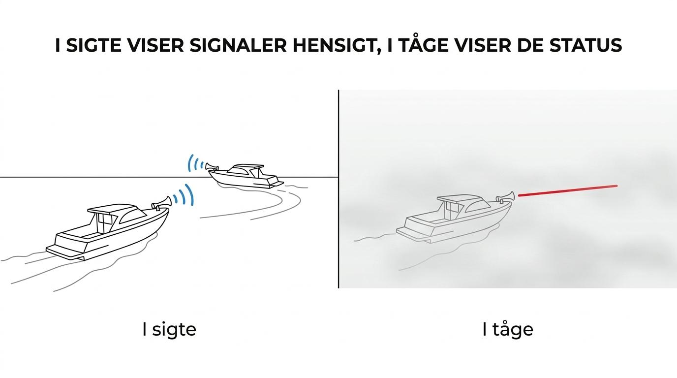 Sammenligning af lydsignaler til søs med korte manøvresignaler i sigte på den ene side og lange tågesignaler i nedsat sigtbarhed på den anden side.