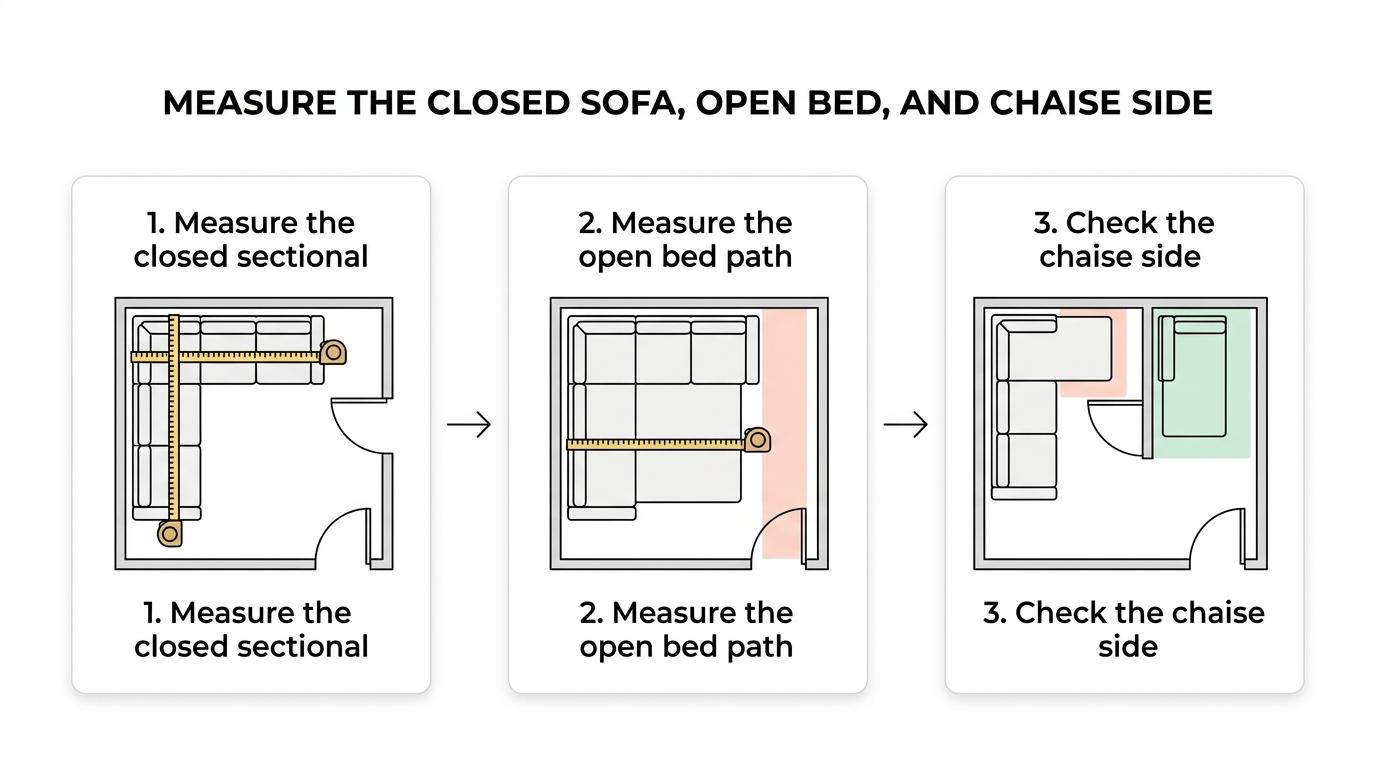 Three-step room measuring diagram showing the sectional footprint, the opened pullout bed clearance, and a taped floor layout test.
