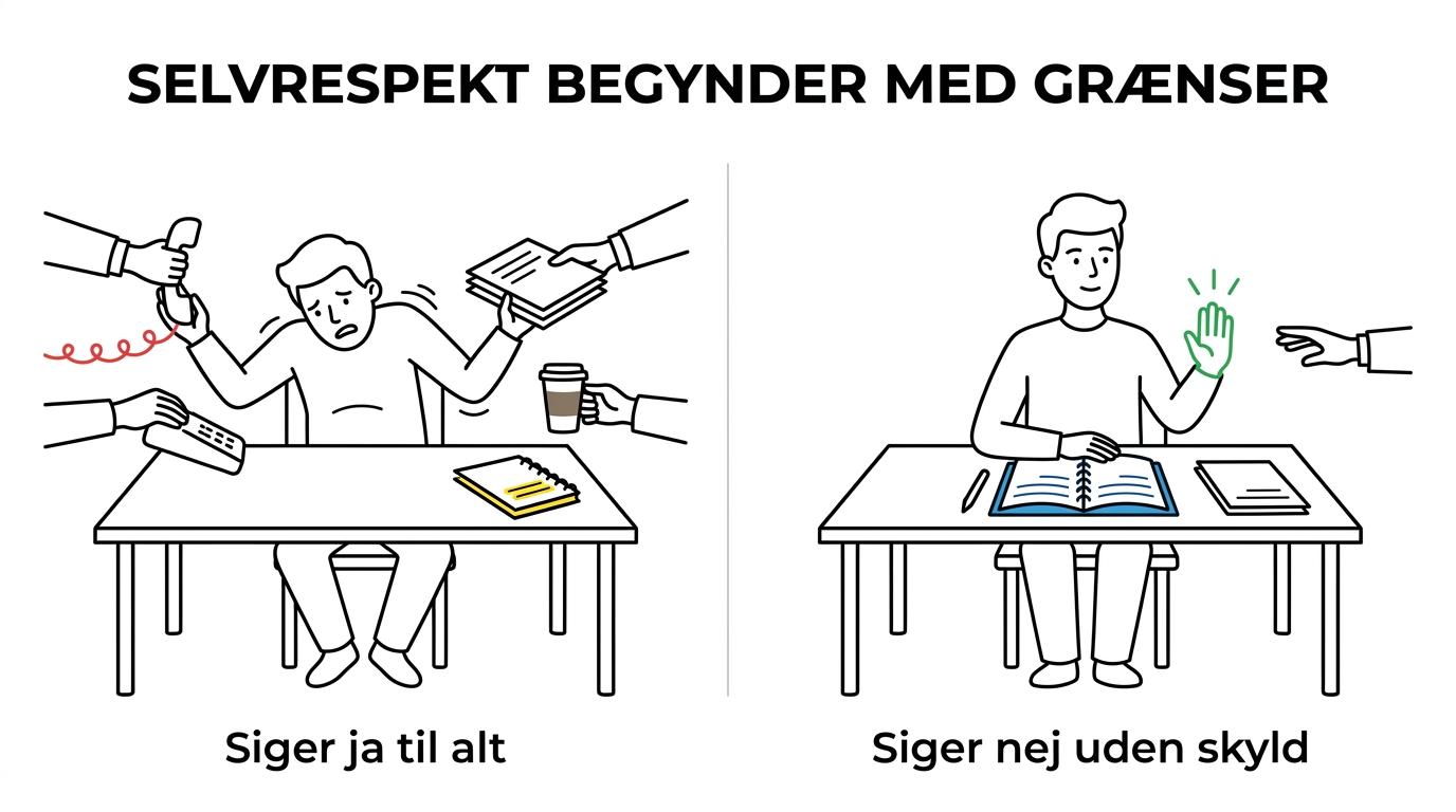 En side-om-side sammenligning af typiske tegn på lavt selvværd over for stærkere selvværd med ro, grænser og mere trygge valg.