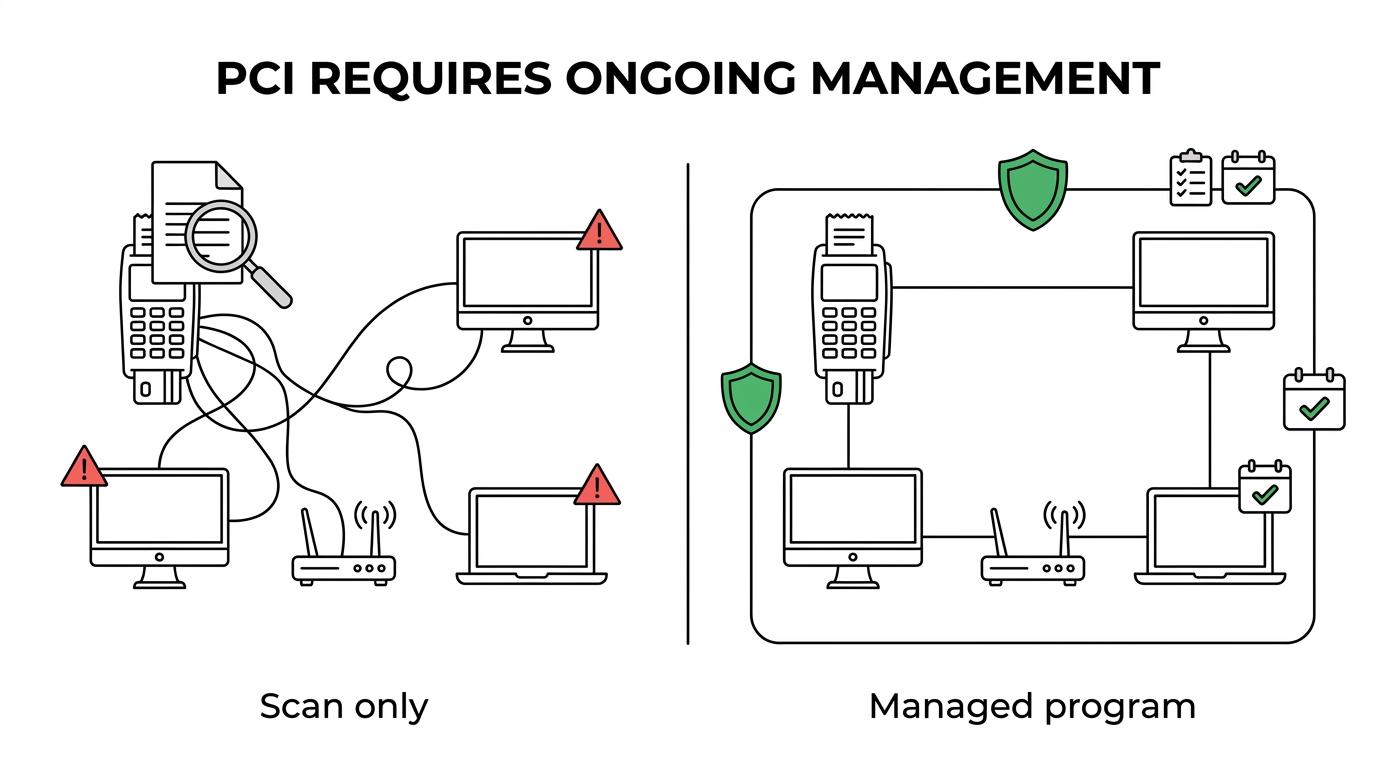 Side-by-side comparison of scan-only PCI work versus a managed PCI program covering scoping, remediation, testing, documentation, and ongoing maintenance.