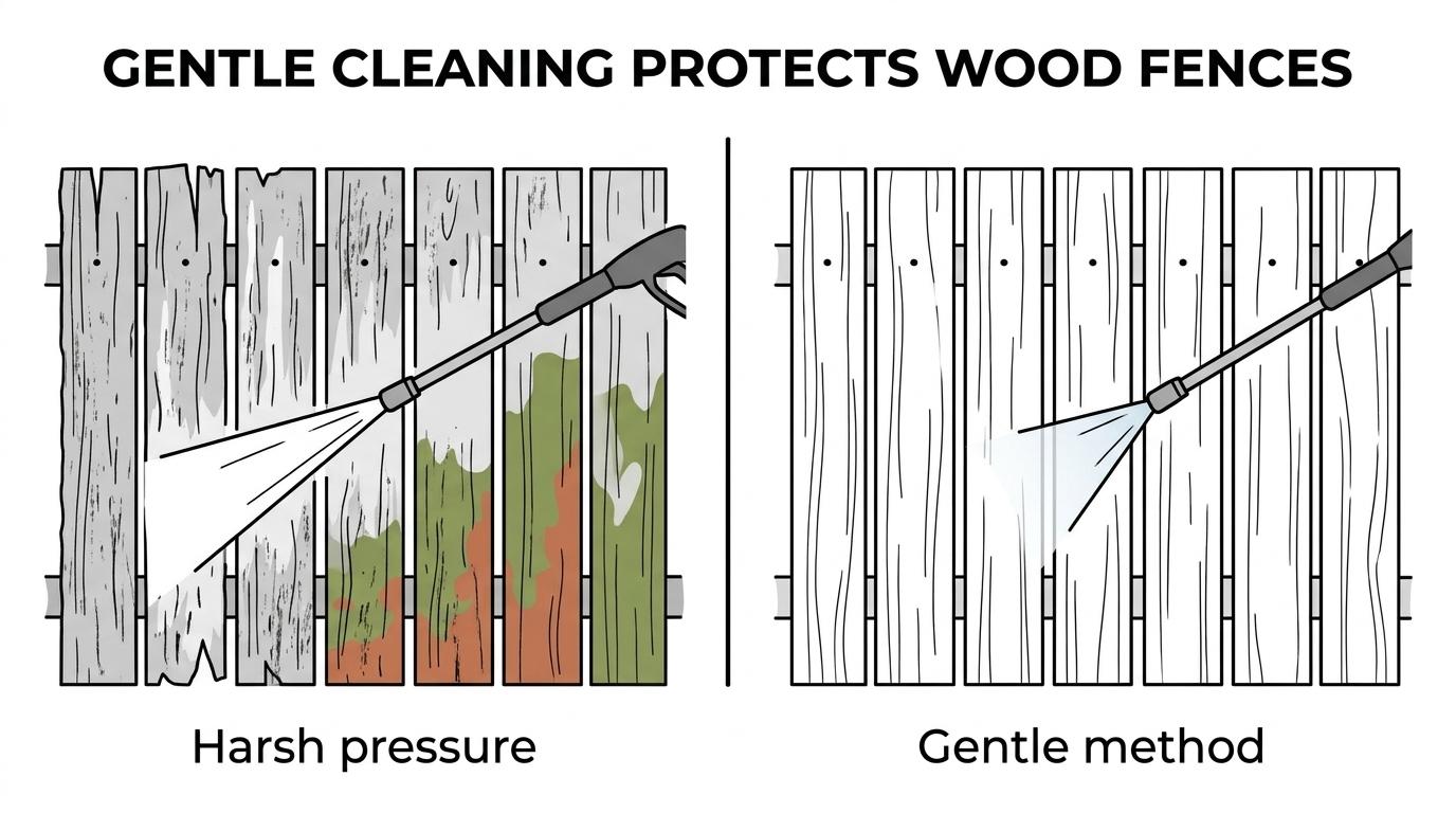 Elevation Power Washing Fence Cleaning Columbia SC 1 Side-by-side comparison of a fence damaged by excessive pressure versus a fence cleaned safely with the wood surface intact.