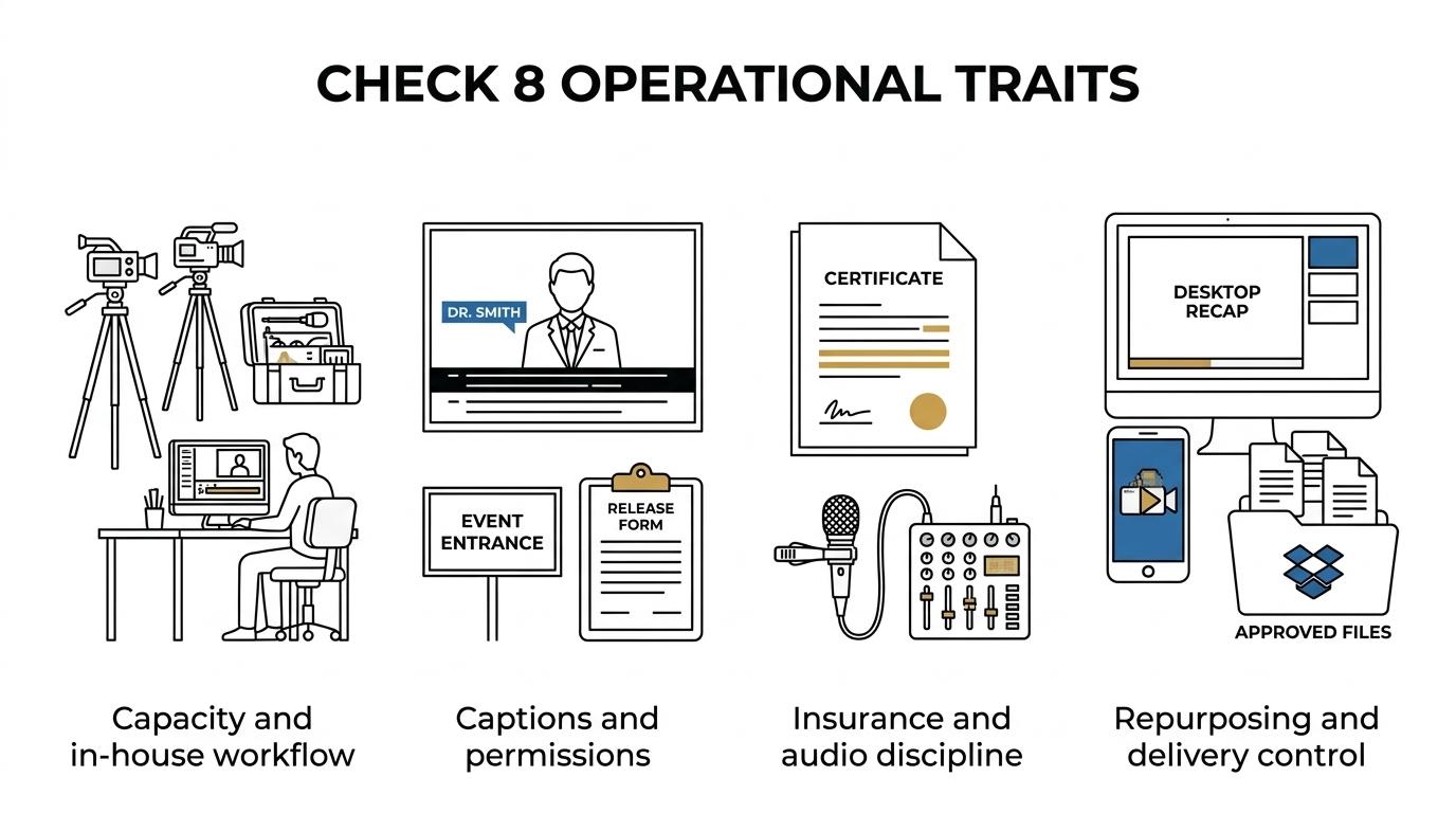 Visual showing eight traits to vet in a corporate event videographer: capacity, in-house workflow, accessibility, permissions, insurance, audio, repurposing, and delivery.