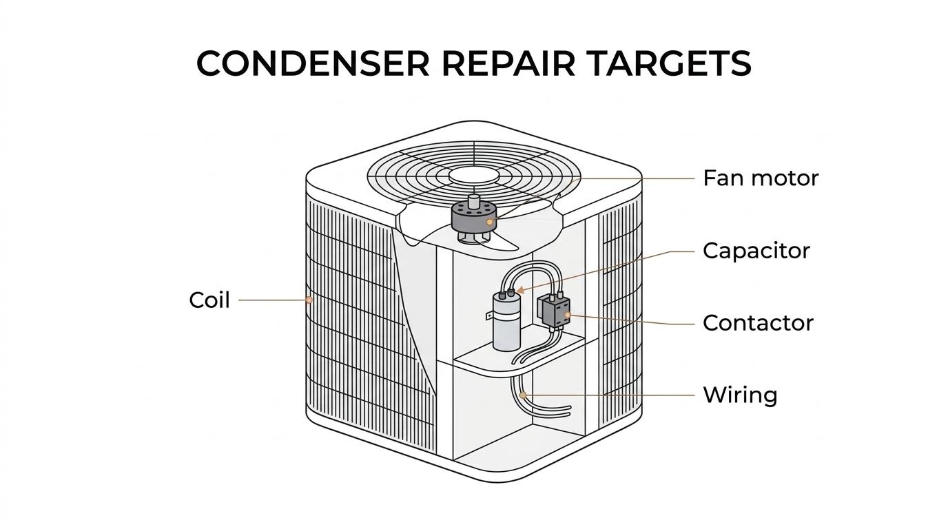 Labeled outdoor AC condenser showing the coil, fan, capacitor, contactor, wiring, and compressor housing.