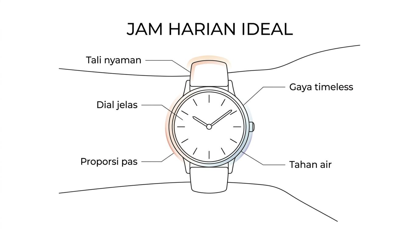 Jam tangan wanita kasual dengan label yang menyorot kenyamanan strap, keterbacaan dial, proporsi case, gaya serbaguna, dan ketahanan air.