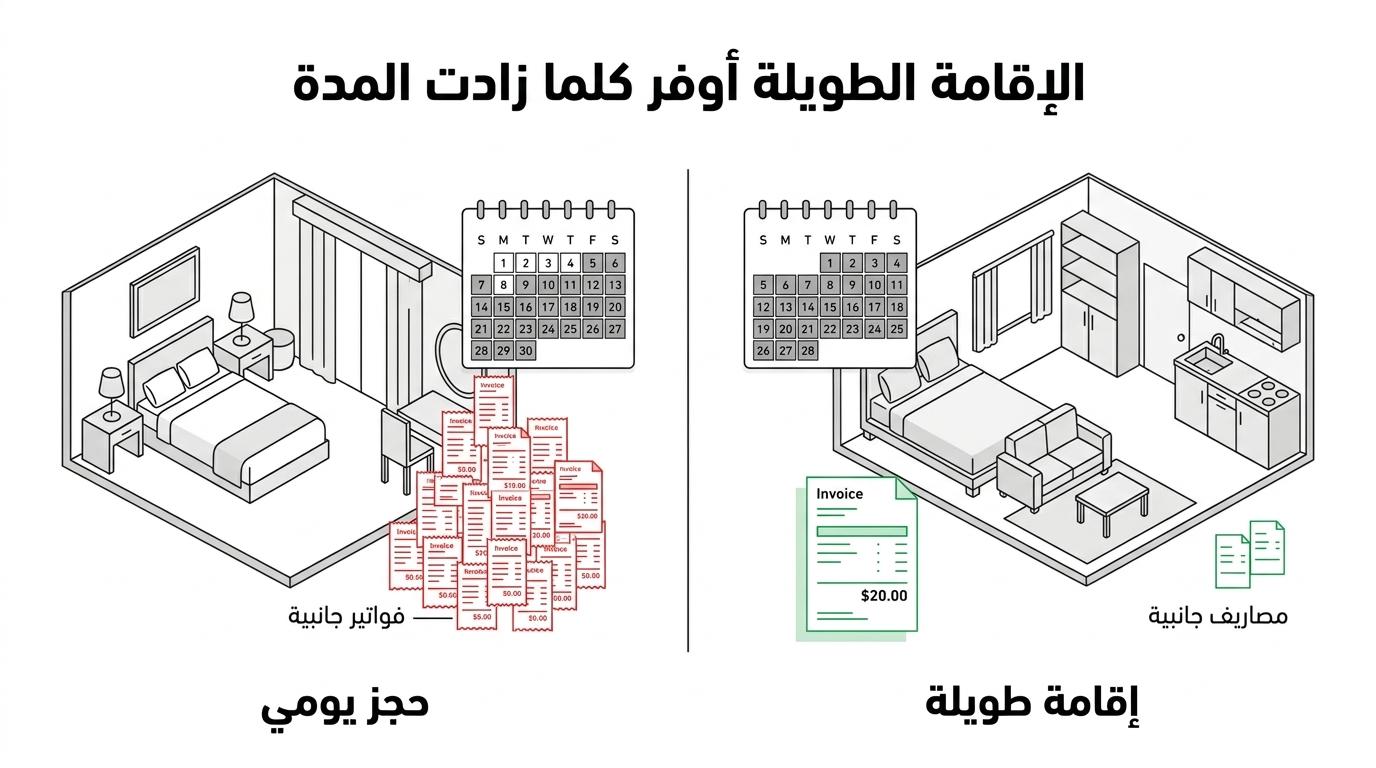 مقارنة جانبية بين الحجز اليومي والإقامة الطويلة توضح فرق المرونة ومتوسط سعر الليلة والمصاريف الجانبية وملاءمة كل خيار حسب مدة الرحلة.