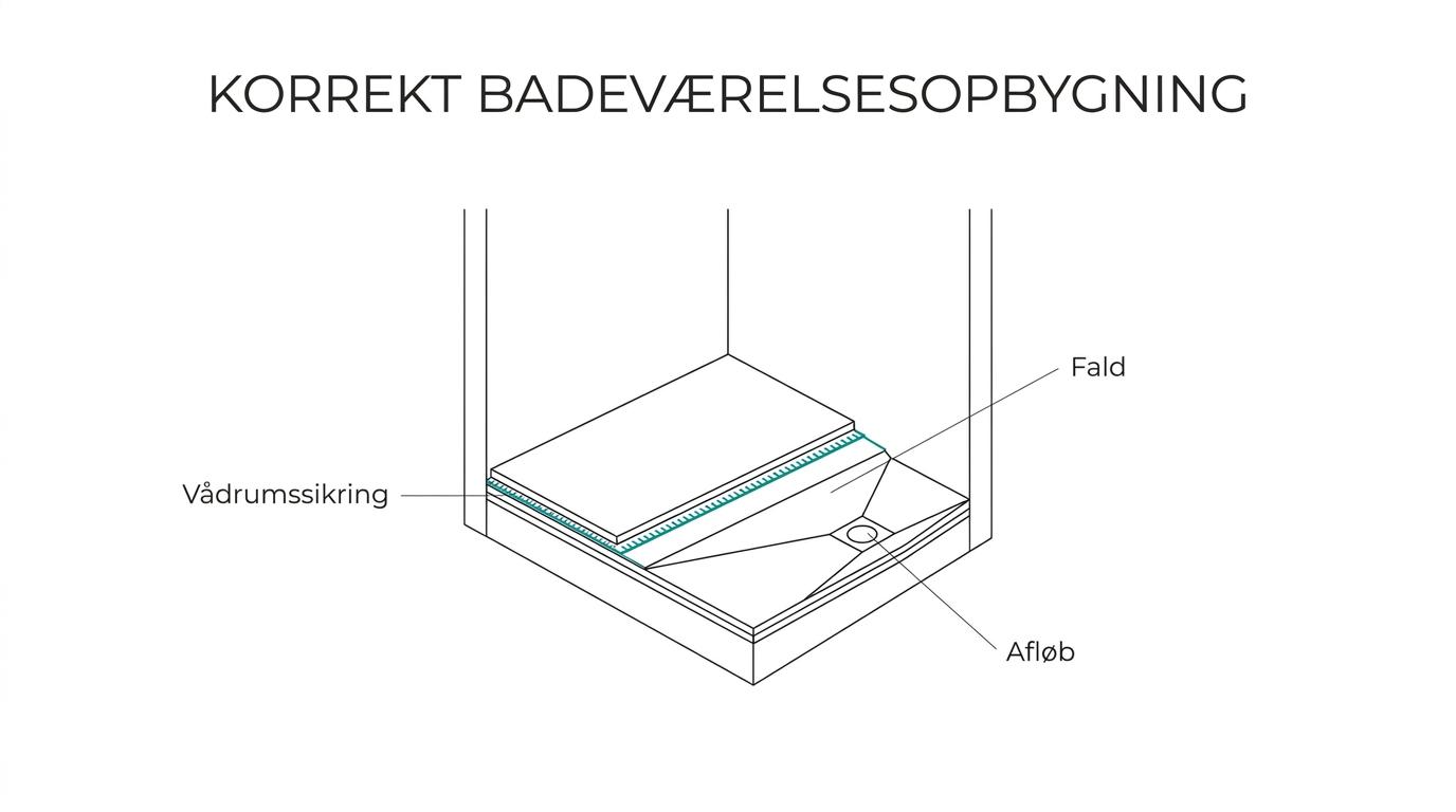 Labeled cutaway of a renovated bathroom showing waterproofing, tile layers, floor slope toward the drain, and wet-room construction details.