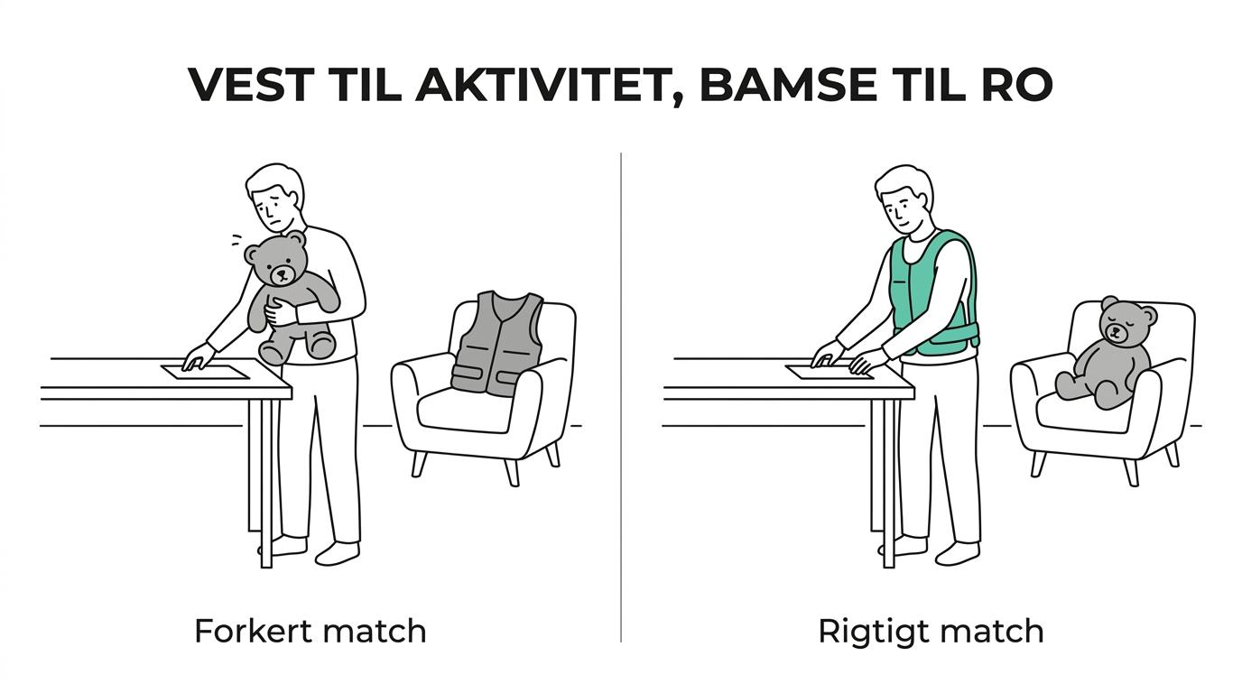 Side om side: en voksen med tyngdevest under en siddende opgave og en voksen i en stol med en tyngdebamse på skødet.